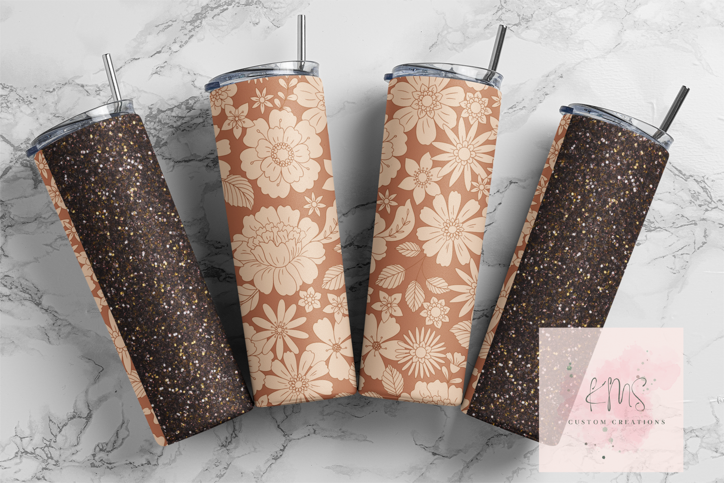 Brown floral with brown faux glitter tumbler