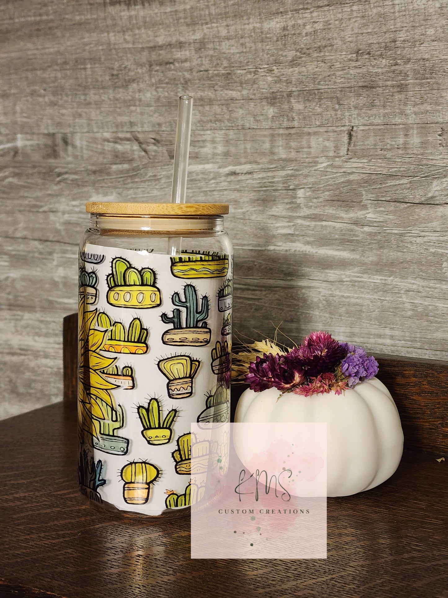 Sunflower and cactus clear glass tumbler